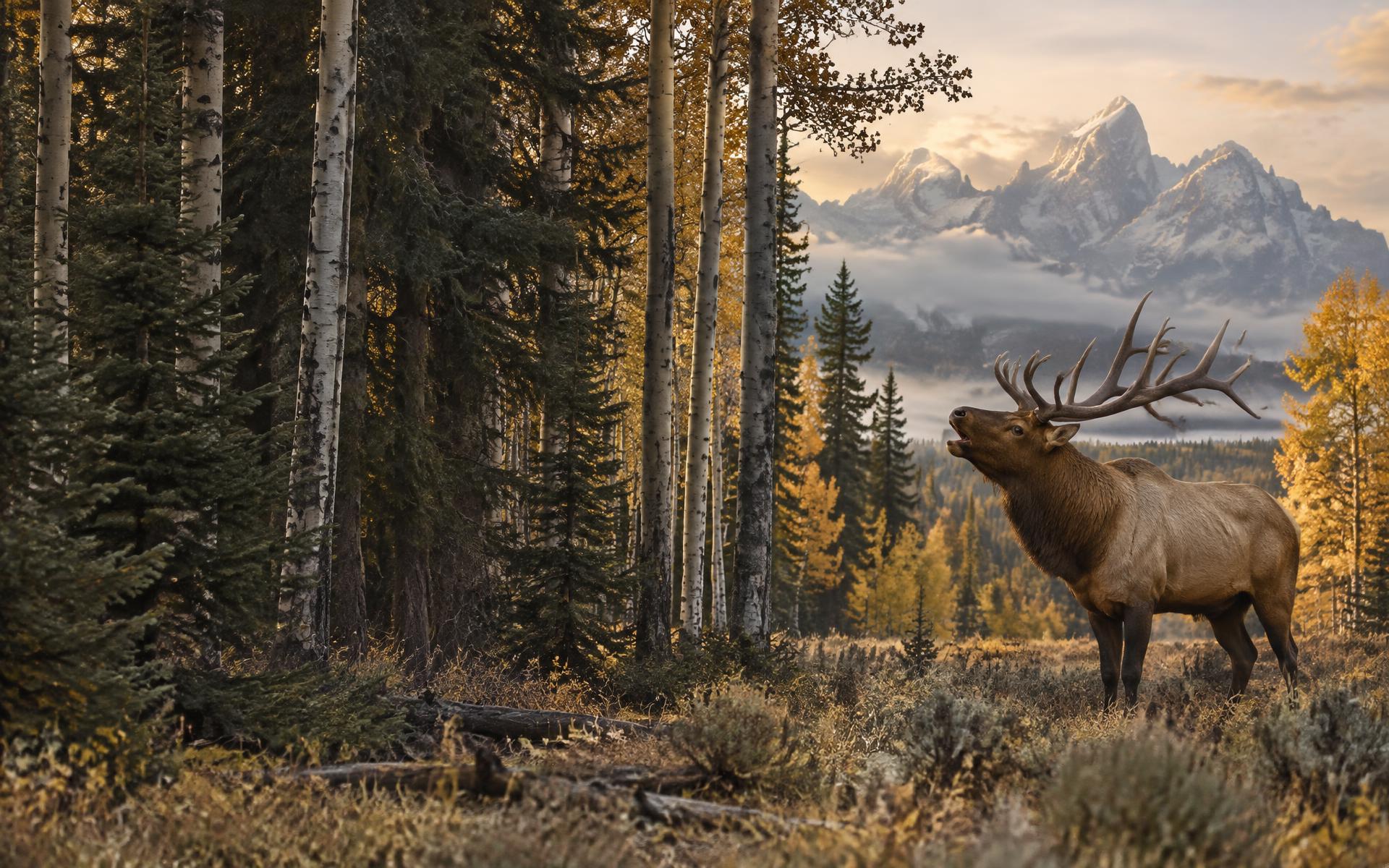 A bull elk bugling among autumn aspens near the Teton Range